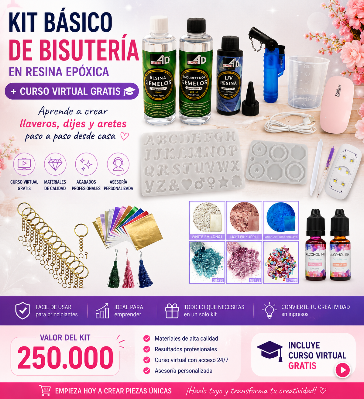 Kit de Bisutería en Resina Epóxica + Curso Virtual